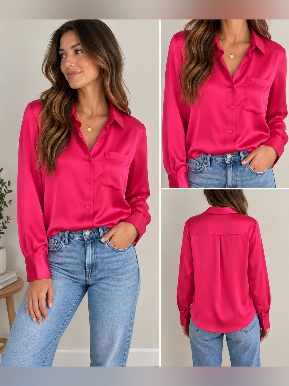 AQUA Hot Pink Satin Button Down Blouse | Size Small